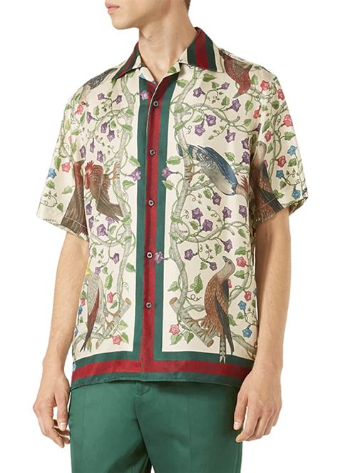 Gucci Birds of Prey Silk Twill Bowling Shirt, Ivory 